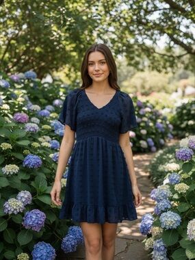 Zattcas Navy Blue Swiss Dot Smocked Mini Dress Size Small NWOT